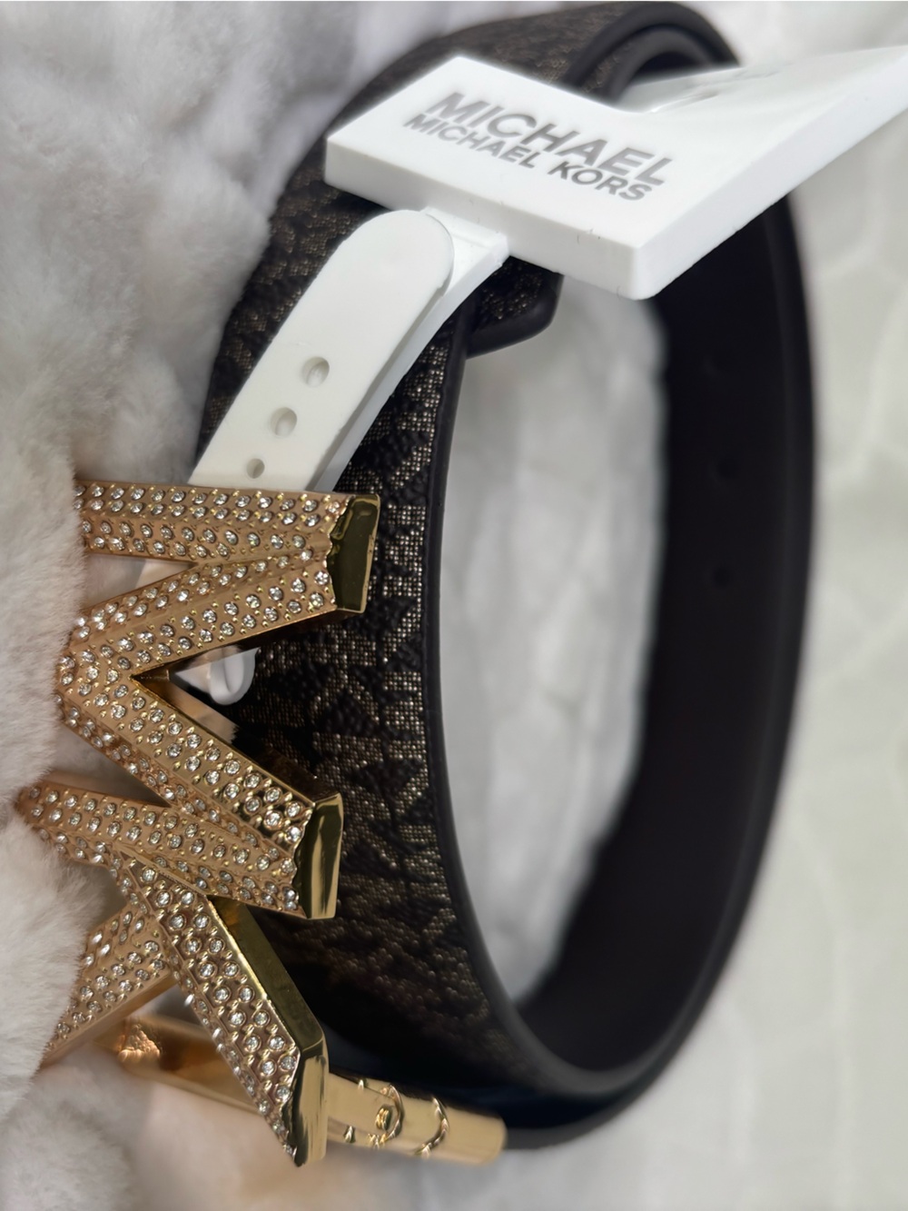 Michael Kors Reversible Monogram Belt with Gold MK Crystal Buckle - Picture 2 of 16